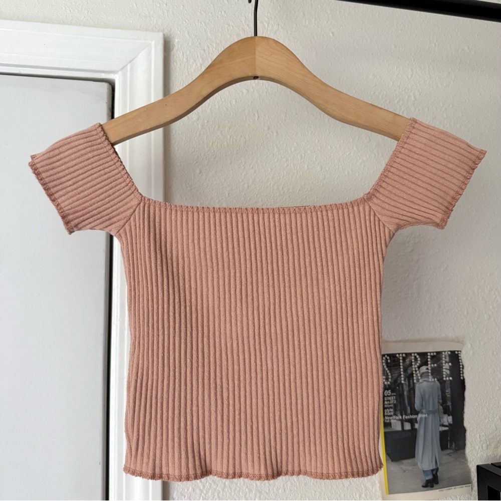 AREYOUAMI dusty pink rose blush peach cotton blend‎ rib ribbed short sleeve top